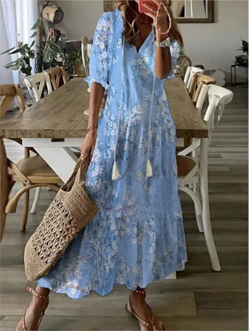 Women'S 2024 Spring Summer New Casual Sweet Loose Sexy V-Neck Fashion Printed Hanging Beard Middle Sleeve Long Dress for Women