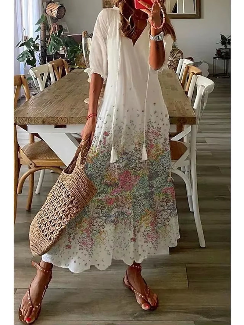 Women'S 2024 Spring Summer New Casual Sweet Loose Sexy V-Neck Fashion Printed Hanging Beard Middle Sleeve Long Dress for Women