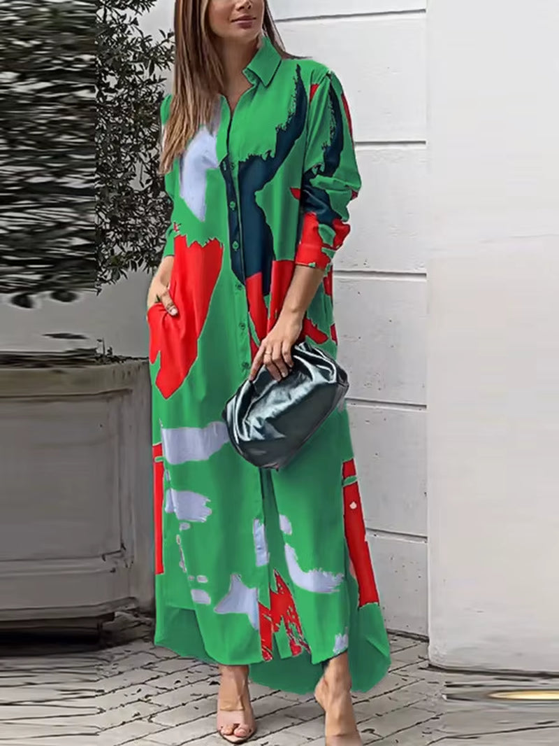 Spring Women'S New Fashionable Casual Printed Loose Sexy Split Long Single Breasted Shirt with Pocket Irregular Dress