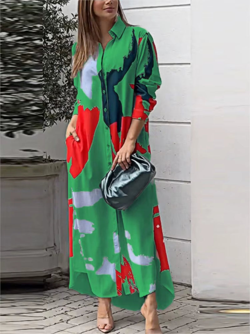 Spring Women'S New Fashionable Casual Printed Loose Sexy Split Long Single Breasted Shirt with Pocket Irregular Dress