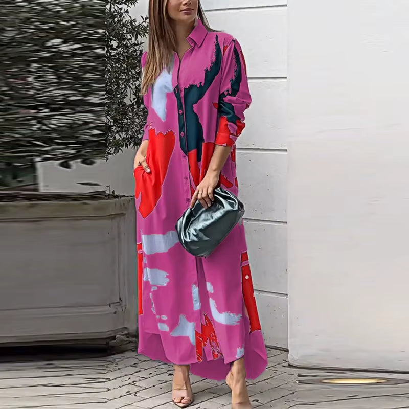 Spring Women'S New Fashionable Casual Printed Loose Sexy Split Long Single Breasted Shirt with Pocket Irregular Dress