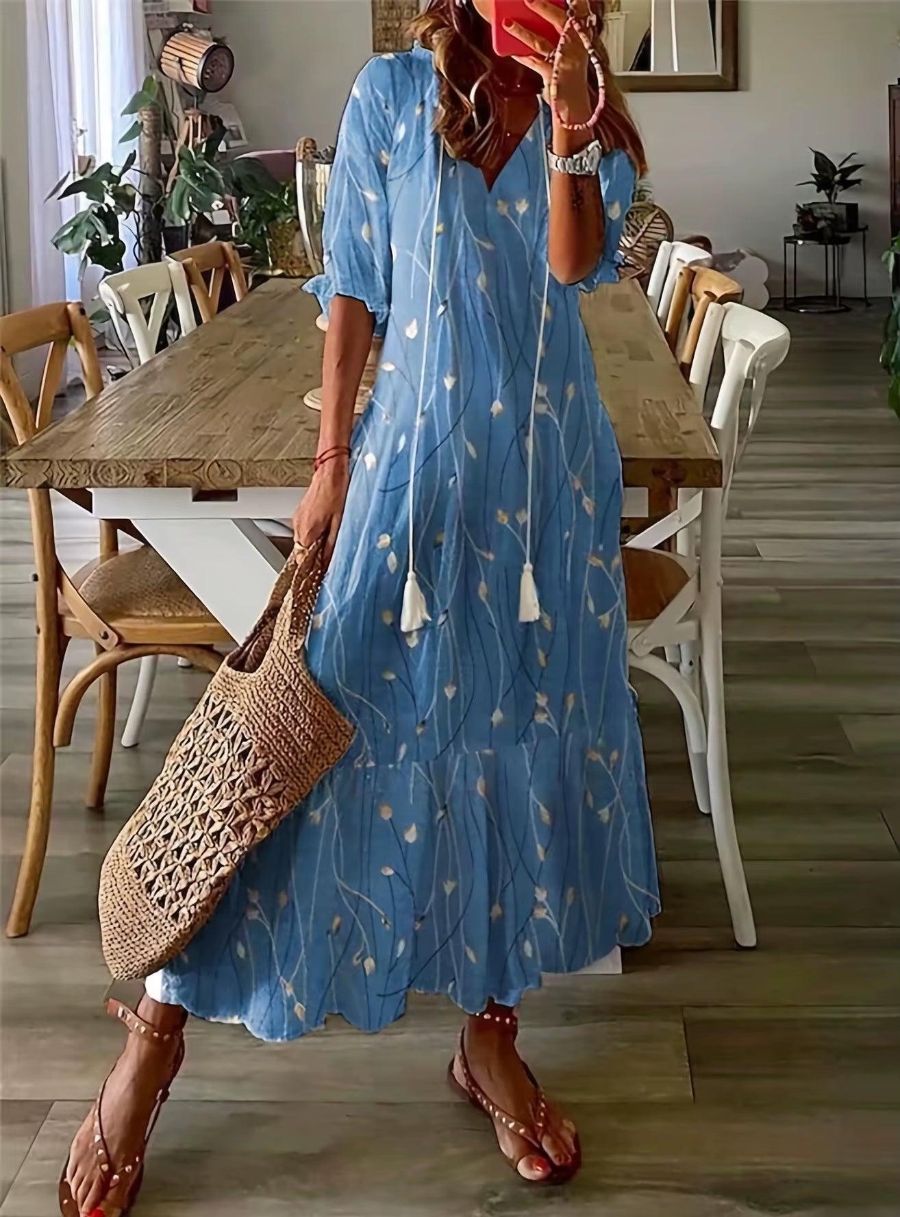 Women'S 2024 Spring Summer New Casual Sweet Loose Sexy V-Neck Fashion Printed Hanging Beard Middle Sleeve Long Dress for Women