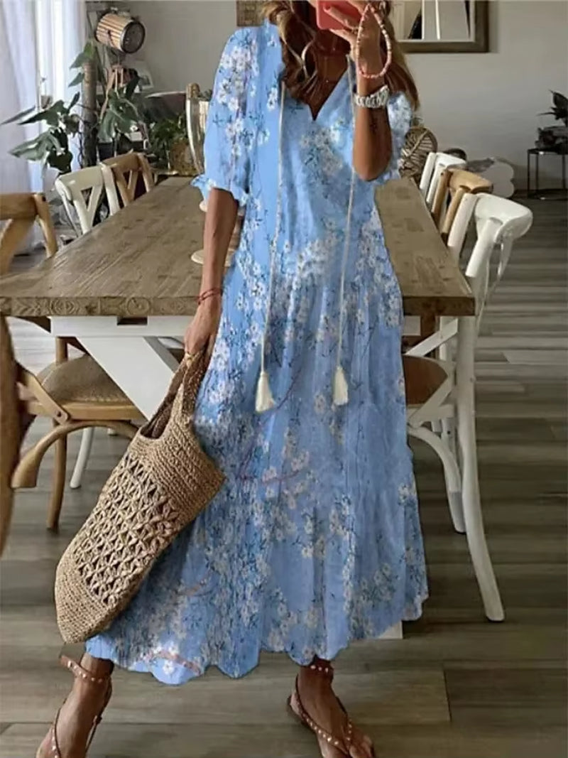 Women'S 2024 Spring Summer New Casual Sweet Loose Sexy V-Neck Fashion Printed Hanging Beard Middle Sleeve Long Dress for Women
