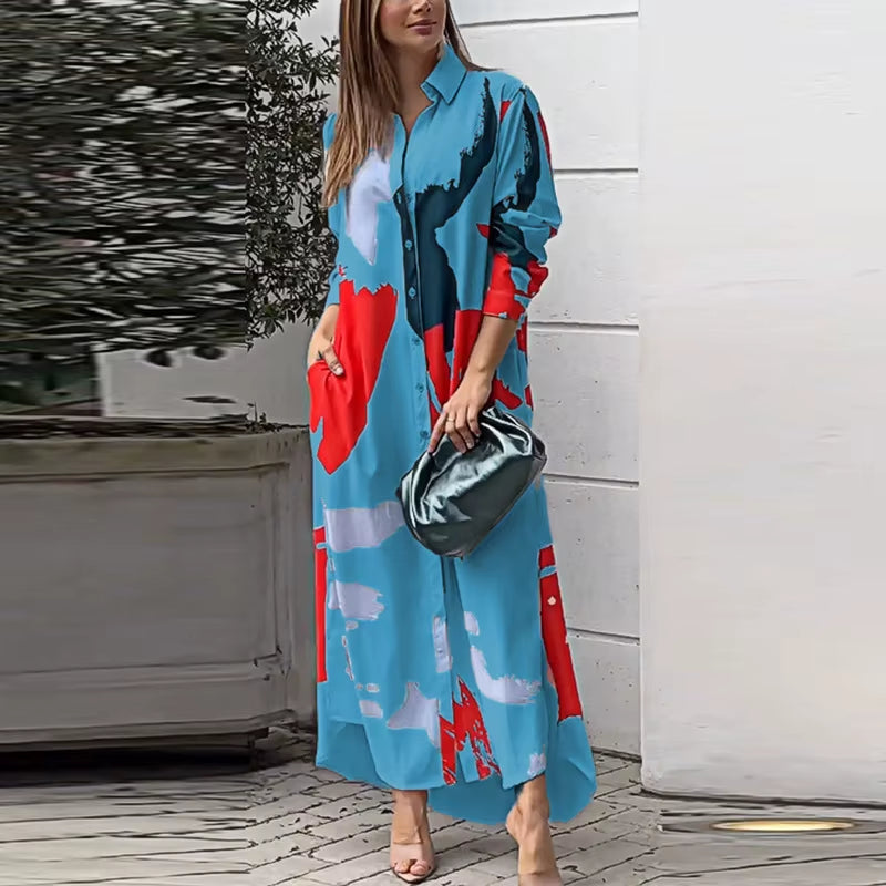 Spring Women'S New Fashionable Casual Printed Loose Sexy Split Long Single Breasted Shirt with Pocket Irregular Dress