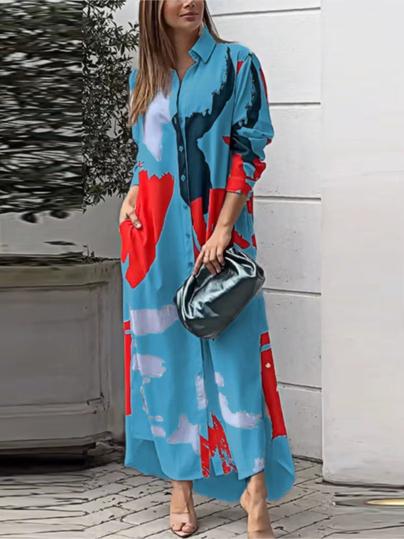 Spring Women'S New Fashionable Casual Printed Loose Sexy Split Long Single Breasted Shirt with Pocket Irregular Dress