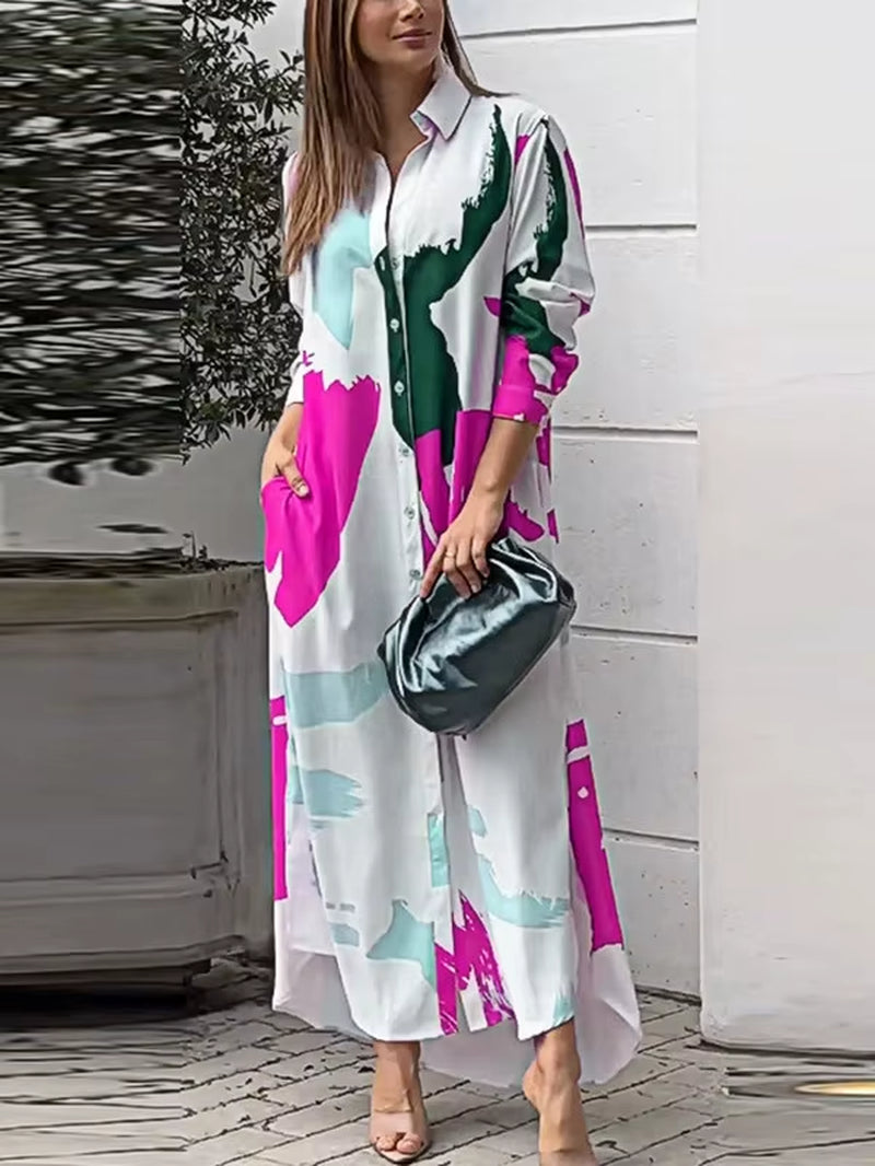 Spring Women'S New Fashionable Casual Printed Loose Sexy Split Long Single Breasted Shirt with Pocket Irregular Dress