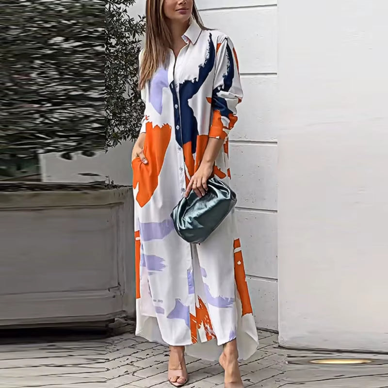 Spring Women'S New Fashionable Casual Printed Loose Sexy Split Long Single Breasted Shirt with Pocket Irregular Dress
