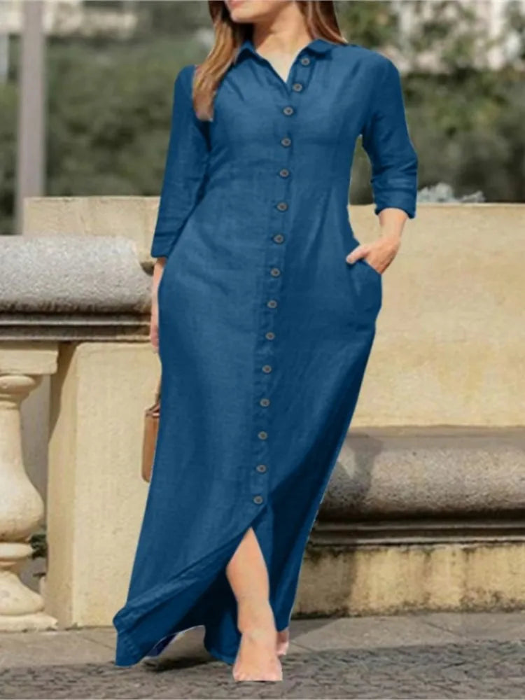 Autumn Women'S Clothing Style Elegant Fashionable Neutral Style Long Sleeved Lapel Cardigan Solid Color Long Cotton Linen Dress
