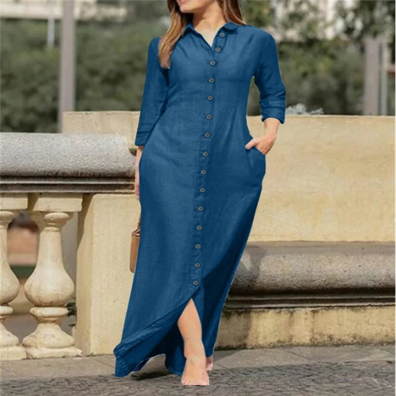 Autumn Women'S Clothing Style Elegant Fashionable Neutral Style Long Sleeved Lapel Cardigan Solid Color Long Cotton Linen Dress