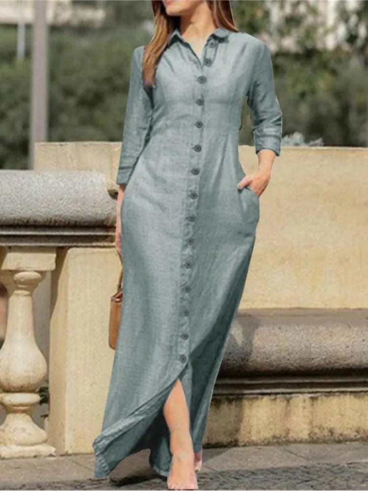 Autumn Women'S Clothing Style Elegant Fashionable Neutral Style Long Sleeved Lapel Cardigan Solid Color Long Cotton Linen Dress
