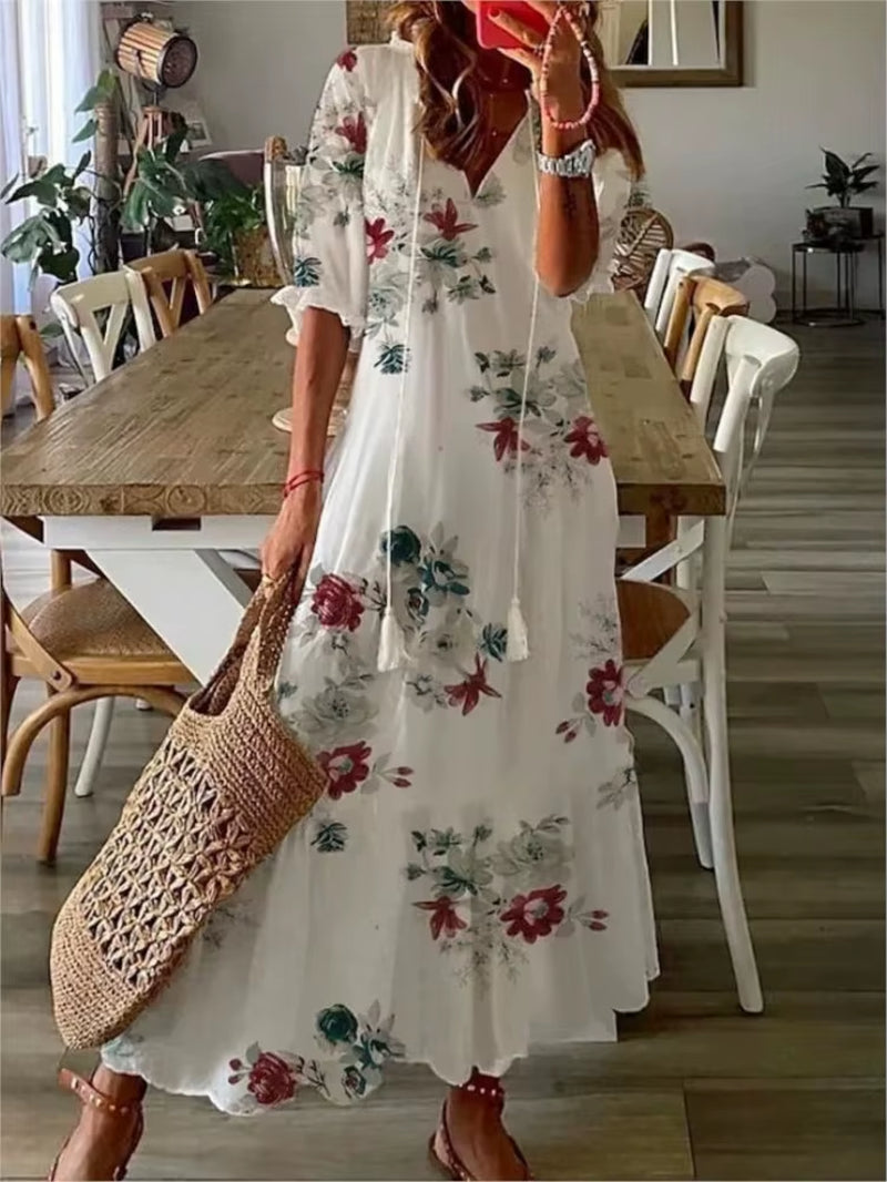 Women'S 2024 Spring Summer New Casual Sweet Loose Sexy V-Neck Fashion Printed Hanging Beard Middle Sleeve Long Dress for Women