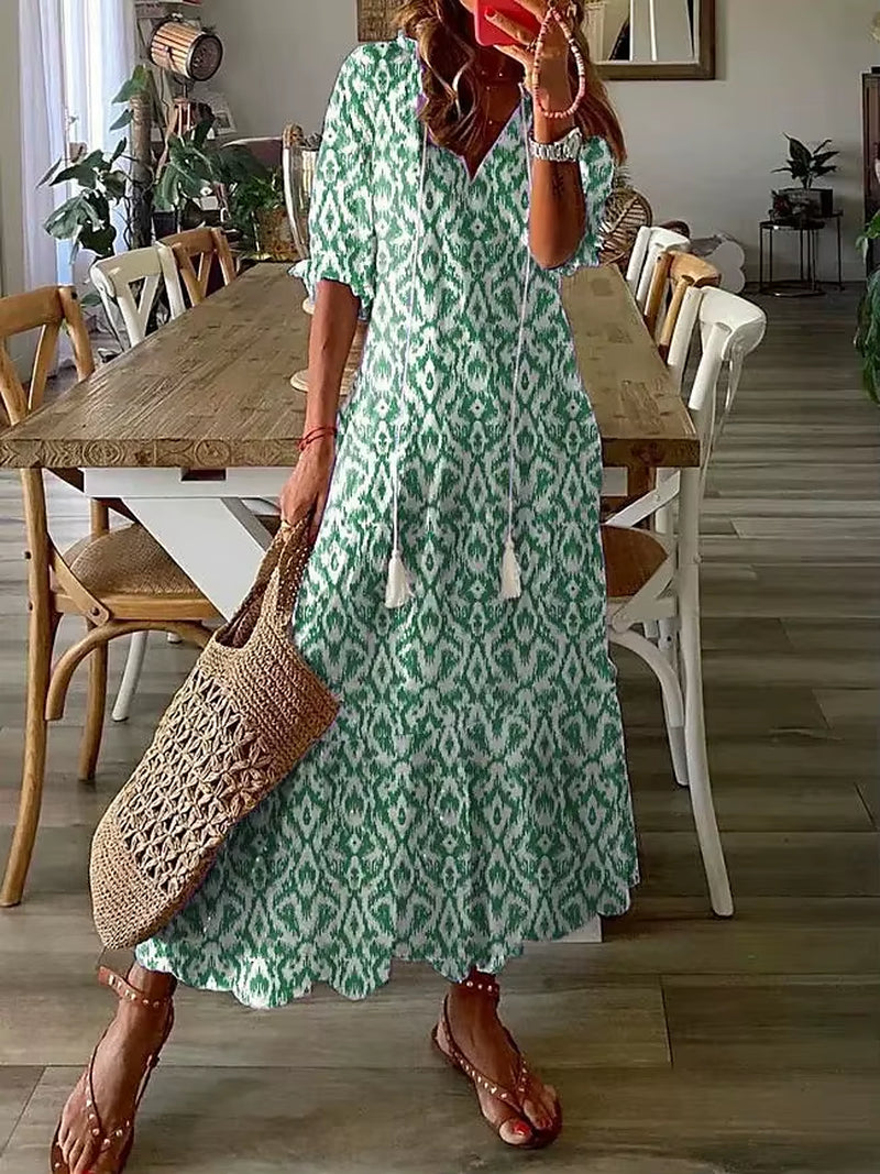 Women'S 2024 Spring Summer New Casual Sweet Loose Sexy V-Neck Fashion Printed Hanging Beard Middle Sleeve Long Dress for Women