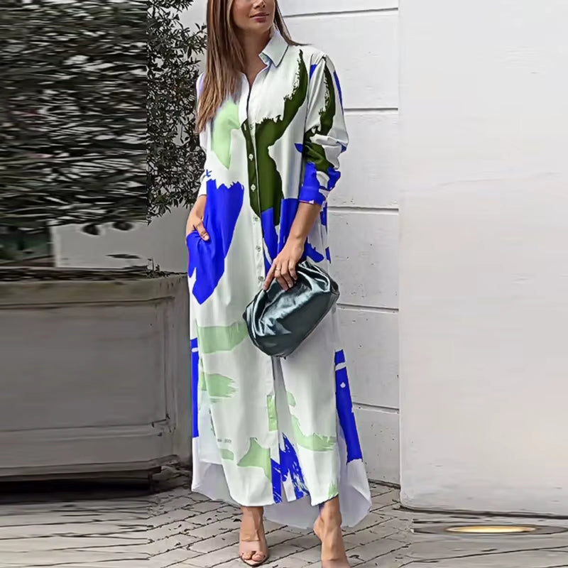 Spring Women'S New Fashionable Casual Printed Loose Sexy Split Long Single Breasted Shirt with Pocket Irregular Dress