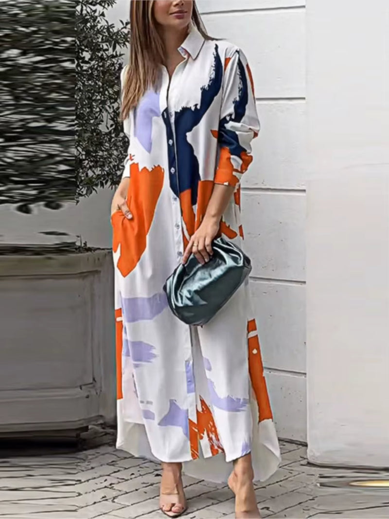 Spring Women'S New Fashionable Casual Printed Loose Sexy Split Long Single Breasted Shirt with Pocket Irregular Dress