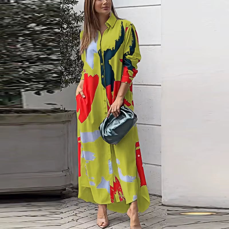 Spring Women'S New Fashionable Casual Printed Loose Sexy Split Long Single Breasted Shirt with Pocket Irregular Dress