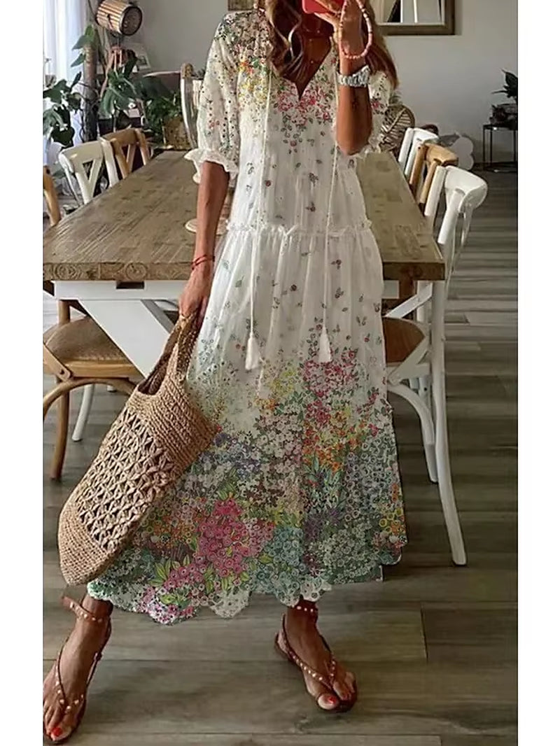 Women'S 2024 Spring Summer New Casual Sweet Loose Sexy V-Neck Fashion Printed Hanging Beard Middle Sleeve Long Dress for Women
