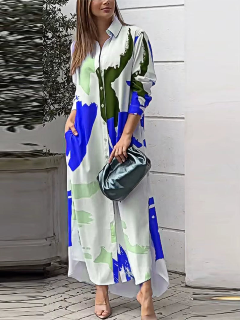 Spring Women'S New Fashionable Casual Printed Loose Sexy Split Long Single Breasted Shirt with Pocket Irregular Dress