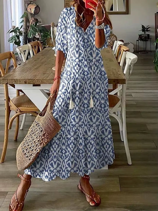 Women'S 2024 Spring Summer New Casual Sweet Loose Sexy V-Neck Fashion Printed Hanging Beard Middle Sleeve Long Dress for Women