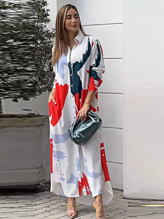  Spring Women'S New Fashionable Casual Printed Loose Sexy Split Long Single Breasted Shirt with Pocket Irregular Dress