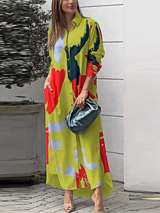  Spring Women'S New Fashionable Casual Printed Loose Sexy Split Long Single Breasted Shirt with Pocket Irregular Dress