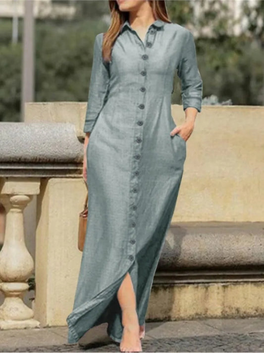 Autumn Women'S Clothing Style Elegant Fashionable Neutral Style Long Sleeved Lapel Cardigan Solid Color Long Cotton Linen Dress